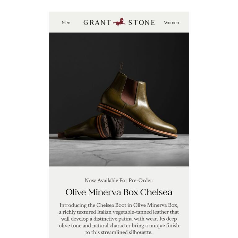 Now Available for Pre-Order: Olive Minerva Box Chelsea - newsletter screenshot