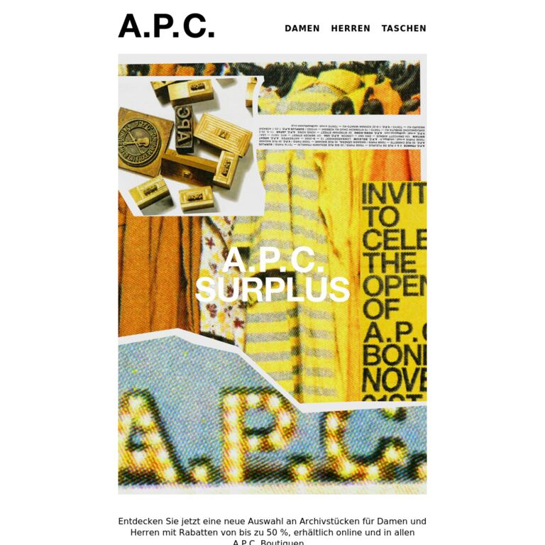 A.P.C. Archive entdecken: Bis zu 50 % Rabatt - newsletter screenshot