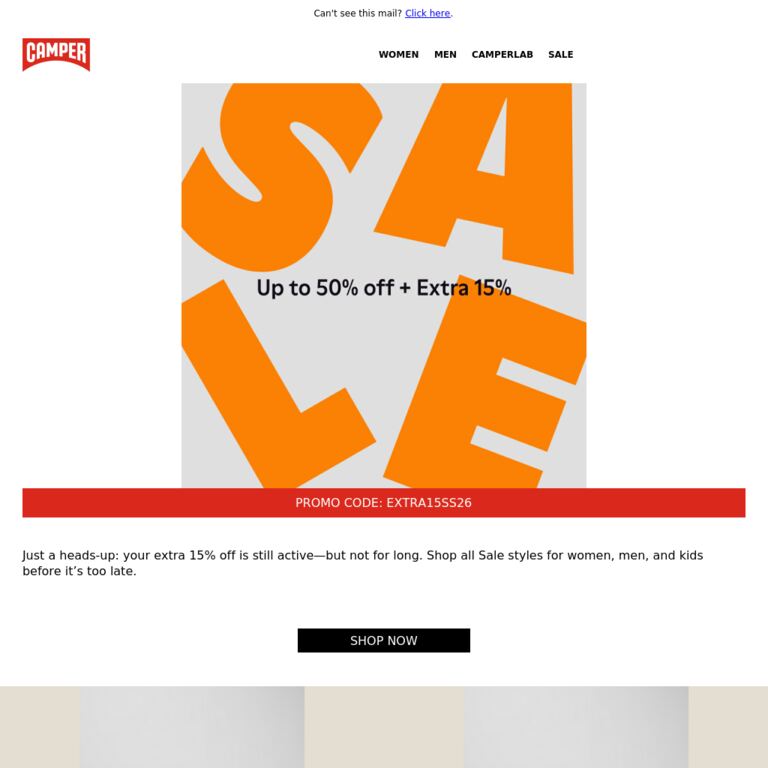 Up to 50% off + Extra 15% - newsletter screenshot