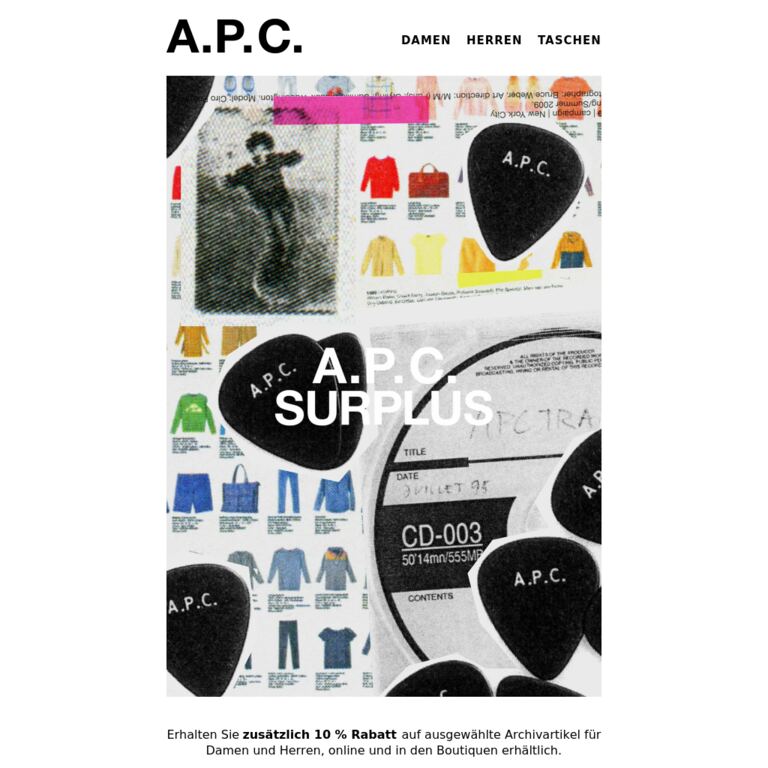 A.P.C. Surplus | Zusätzlich 10 % Rabatt - newsletter screenshot