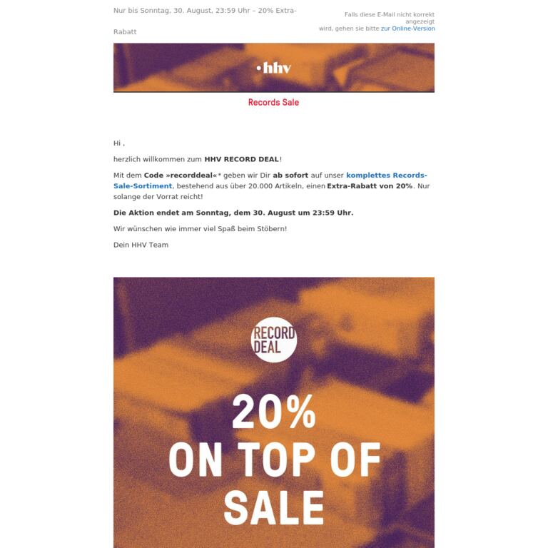 Jetzt bis zu 60% sparen mit 20% Extra-Rabatt! Nur bis 30. August! - newsletter screenshot