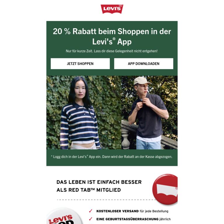 Schnell sein: 20 % Rabatt in der Levi's® App - newsletter screenshot