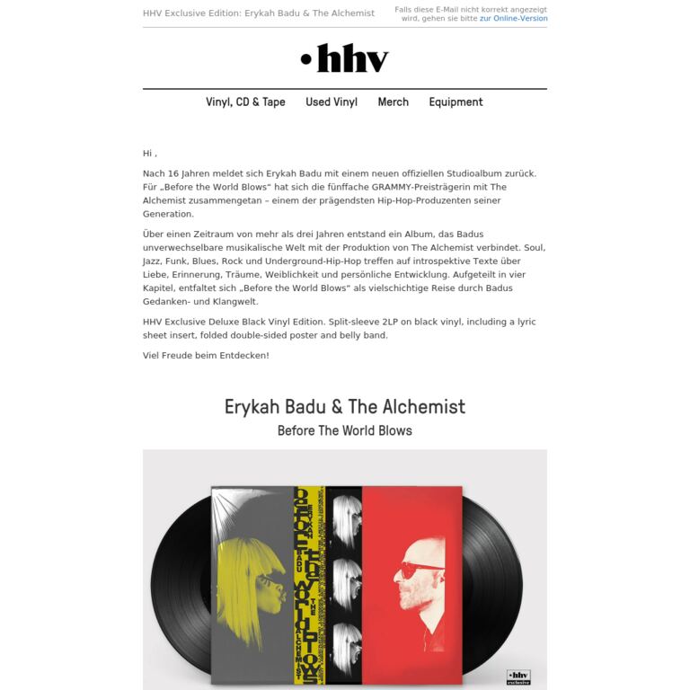 HHV Exclusive Edition: Erykah Badu & The Alchemist - Before The World Blows - newsletter screenshot