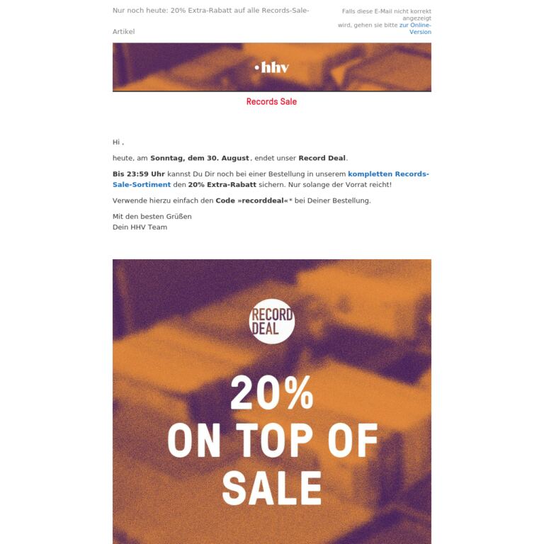 Nur noch bis 23:59 Uhr - 20% Extra-Rabatt auf alle Records-Sale-Artikel! - newsletter screenshot