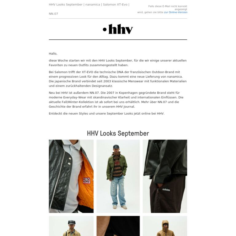 HHV Looks September | nanamica | Salomon XT-Evo | NN.07 - newsletter screenshot
