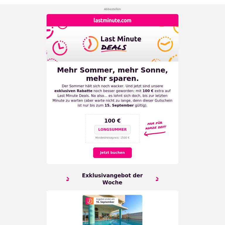 100 € Rabatt auf Last Minute Deals - newsletter screenshot