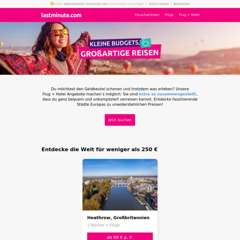 Mehr reisen, weniger ausgeben - newsletter screenshot