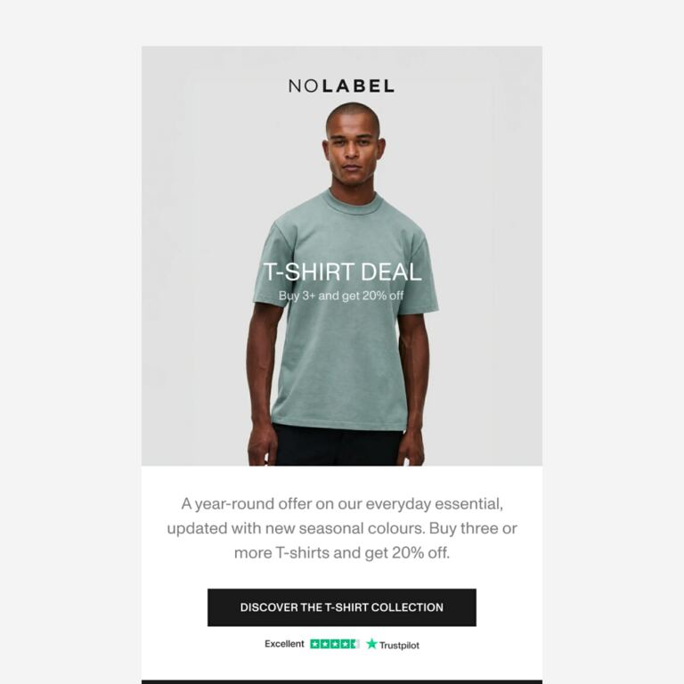 Buy 3 or more t-shirts, get 20% off - newsletter screenshot
