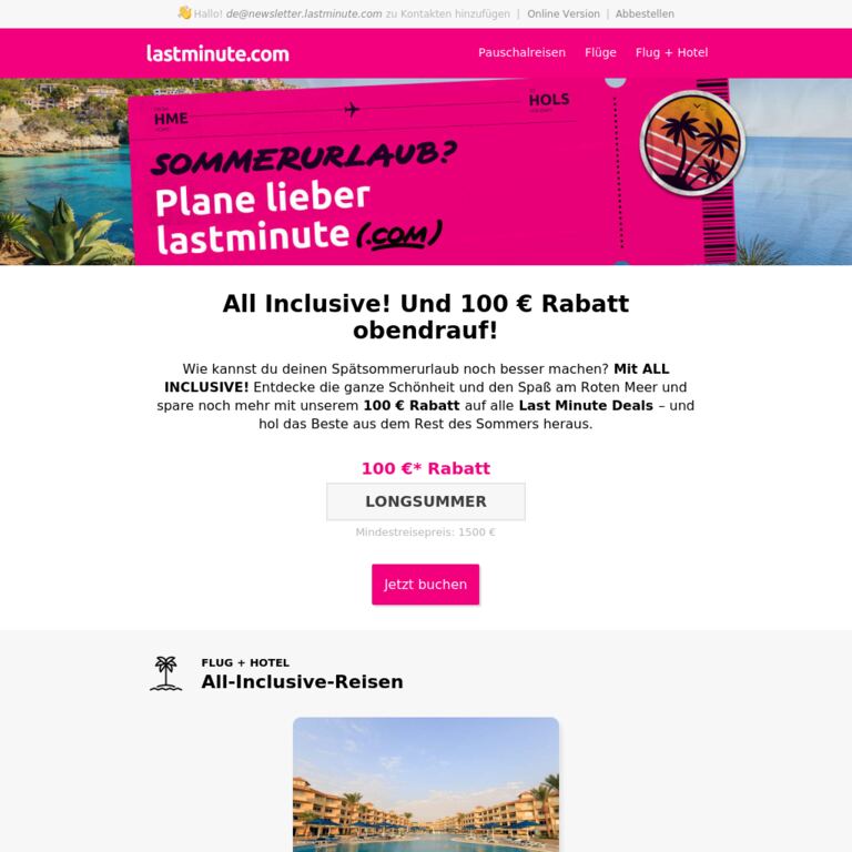 All Inclusive mit 100 € Rabatt - newsletter screenshot