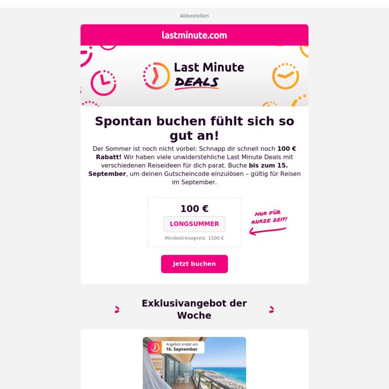 Nur bis 15.09.: 100 € Rabatt - newsletter screenshot