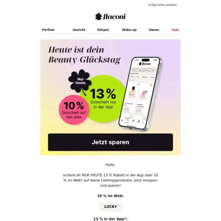 Jetzt live: 13 % auf fast alles 🔥 - newsletter screenshot