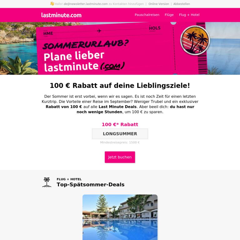 Letzte Chance! 100 € Rabatt auf Top-Reiseziele - newsletter screenshot