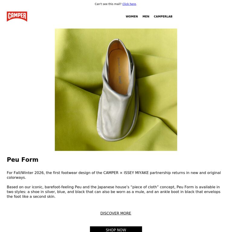 Peu Form | CAMPER × ISSEY MIYAKE  - newsletter screenshot