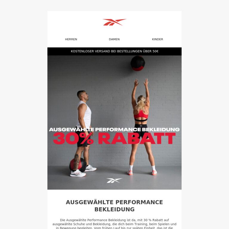 Sichere dir 30 % Rabatt auf die Ausgewählte Performance Bekleidung - newsletter screenshot