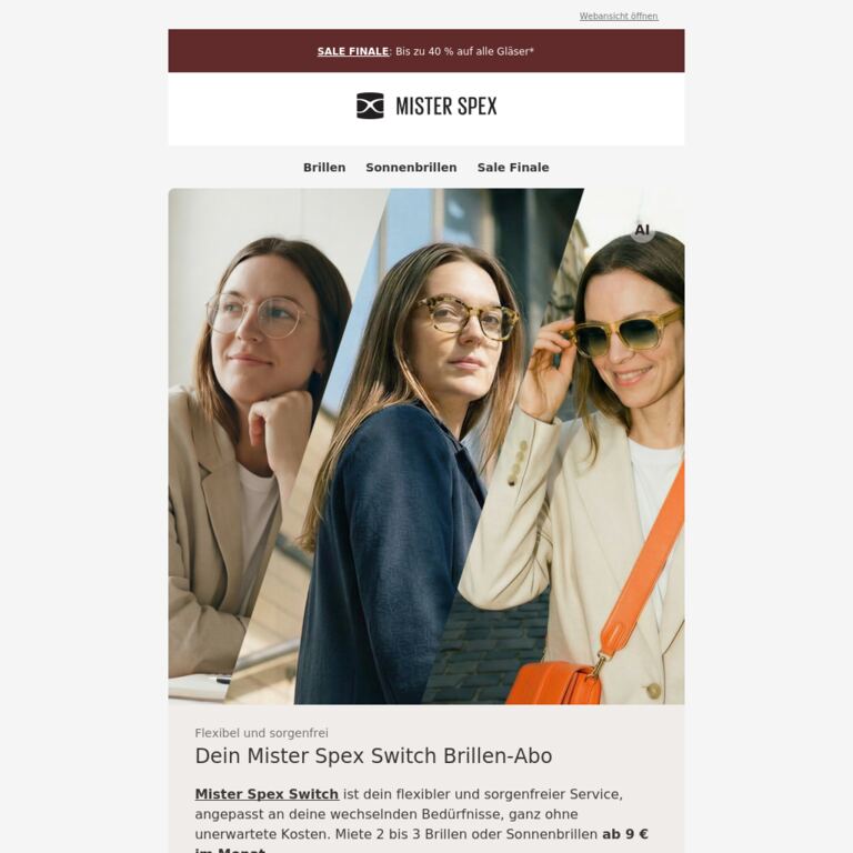 Brillen mieten, jetzt noch günstiger - newsletter screenshot