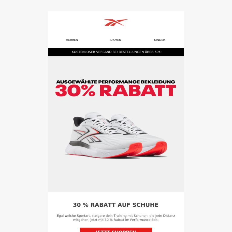 Performance Edit: 30 % Rabatt auf Schuhe - newsletter screenshot