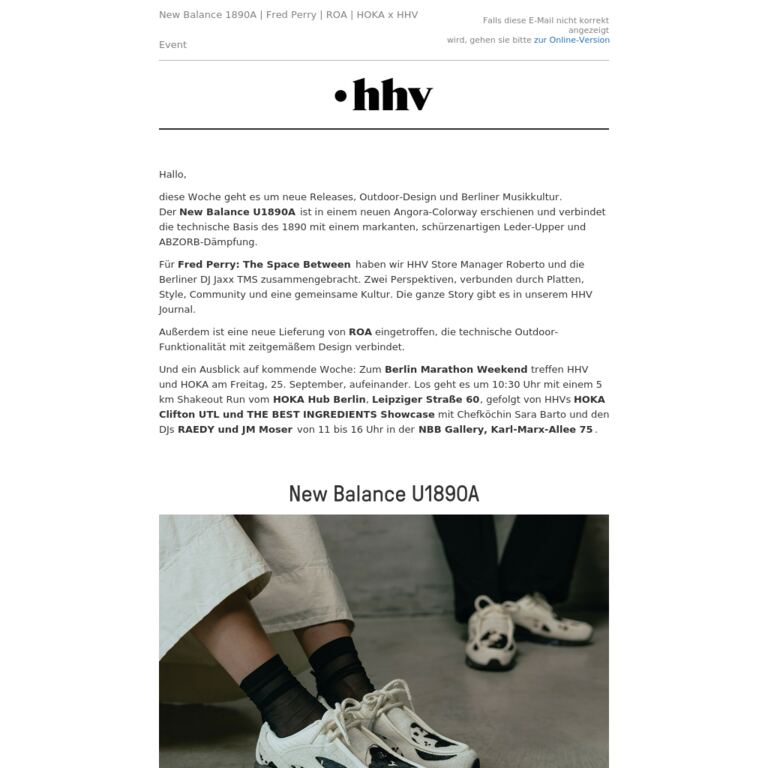 New Balance 1890A | Fred Perry | ROA | HOKA x HHV Event - newsletter screenshot