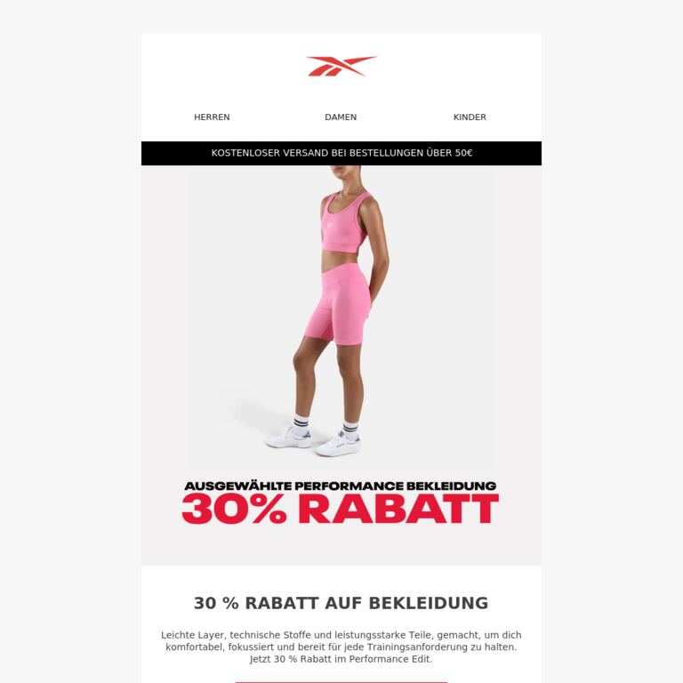 30 % Rabatt auf Performance-Bekleidung - newsletter screenshot