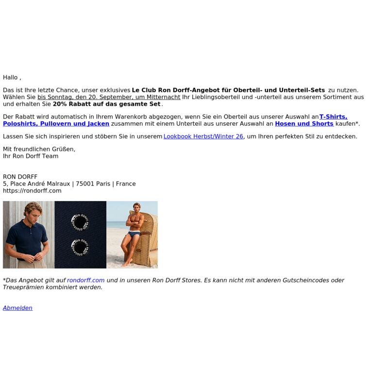 Mitglied-Exklusiv: 20% Rabatt auf ihre Oberteil- & Unterteil-Set bis morgen - newsletter screenshot