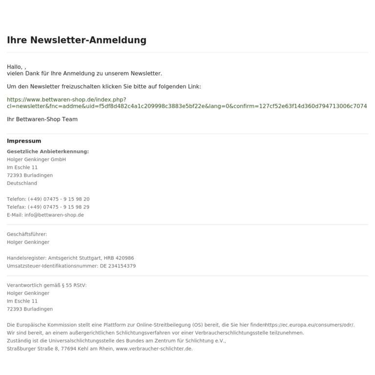Newsletter Bettwaren-Shop - newsletter screenshot