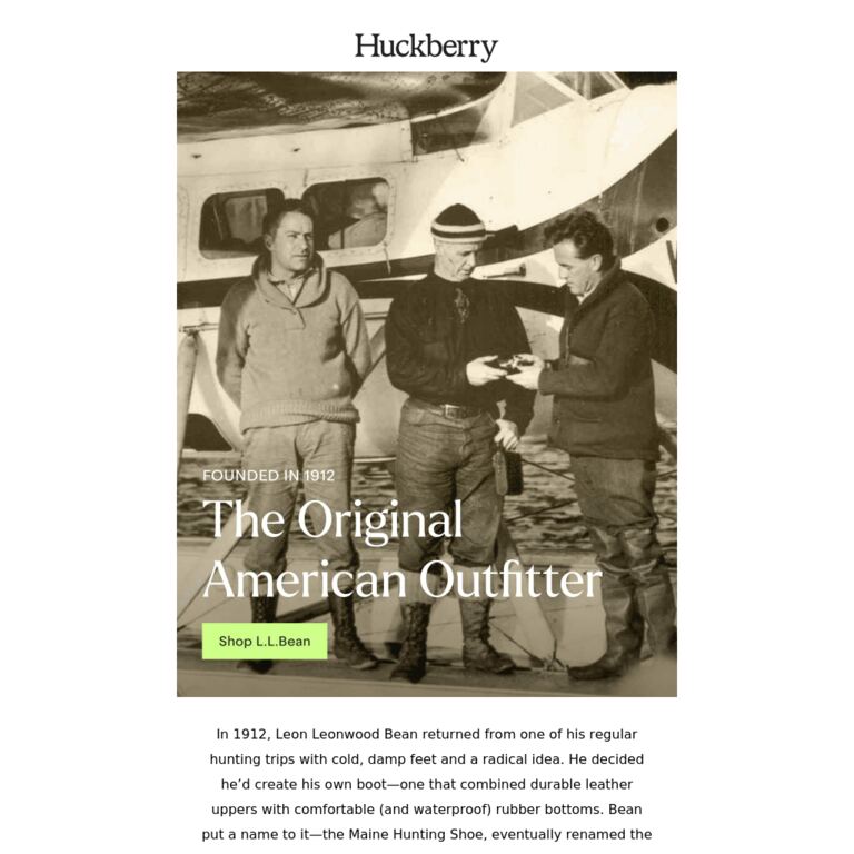 L.L.Bean: A Maine Original Since 1912, Now at Huckberry - newsletter screenshot