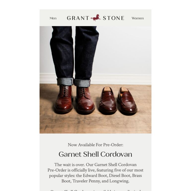 Garnet Shell Cordovan Pre-Order - newsletter screenshot