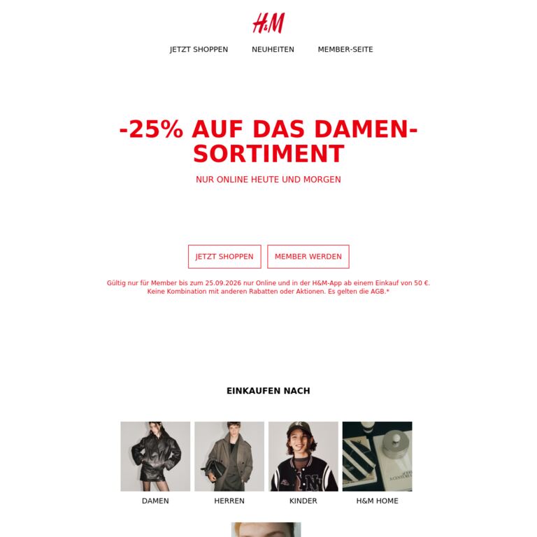 -25% | Shoppe nur online heute und morgen - newsletter screenshot