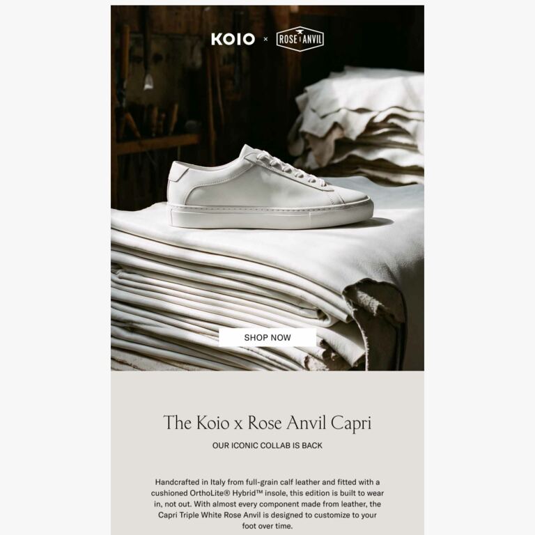 Koio x Rose Anvil Capri Returns - newsletter screenshot