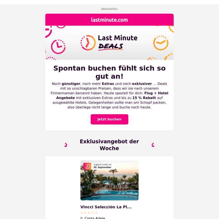 Urlaub ab 371 €? Nur Last Minute Deals sind so günstig! - newsletter screenshot