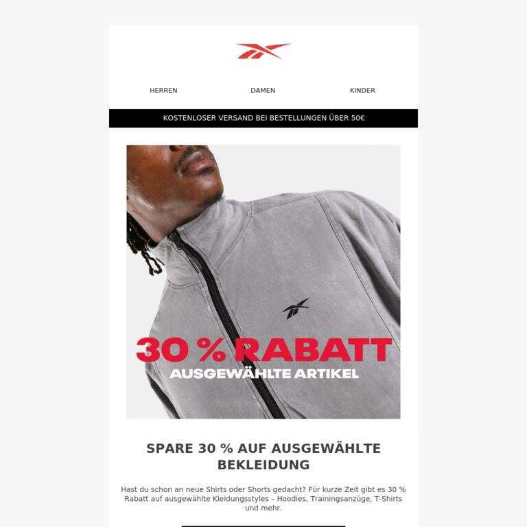 Wow! 30 % Rabatt auf Kleidung - newsletter screenshot