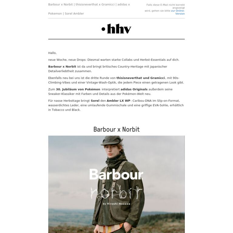 Barbour x Norbit | thisisneverthat x Gramicci | adidas x Pokémon | Sorel Ambler - newsletter screenshot