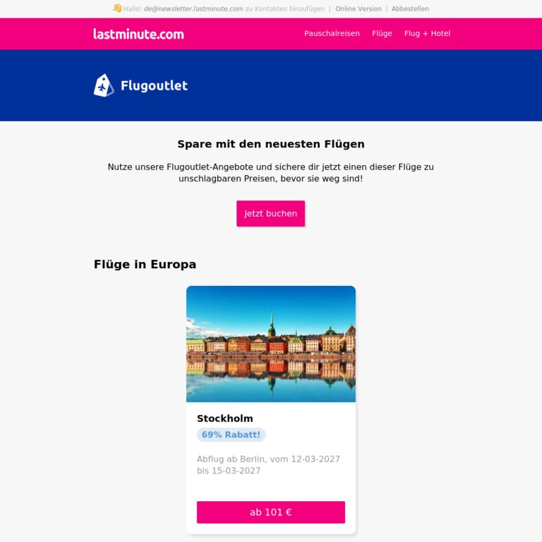 Jede Woche unsere besten Flugangebote - newsletter screenshot