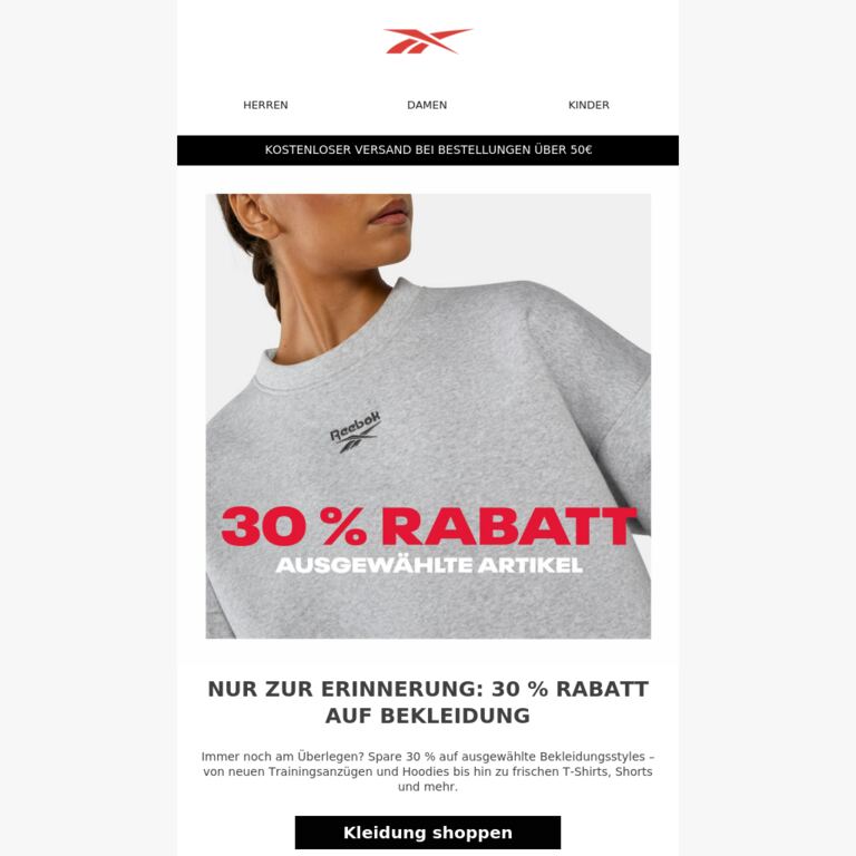 Nicht vergessen: 30 % Rabatt auf ausgewählte Bekleidung - newsletter screenshot