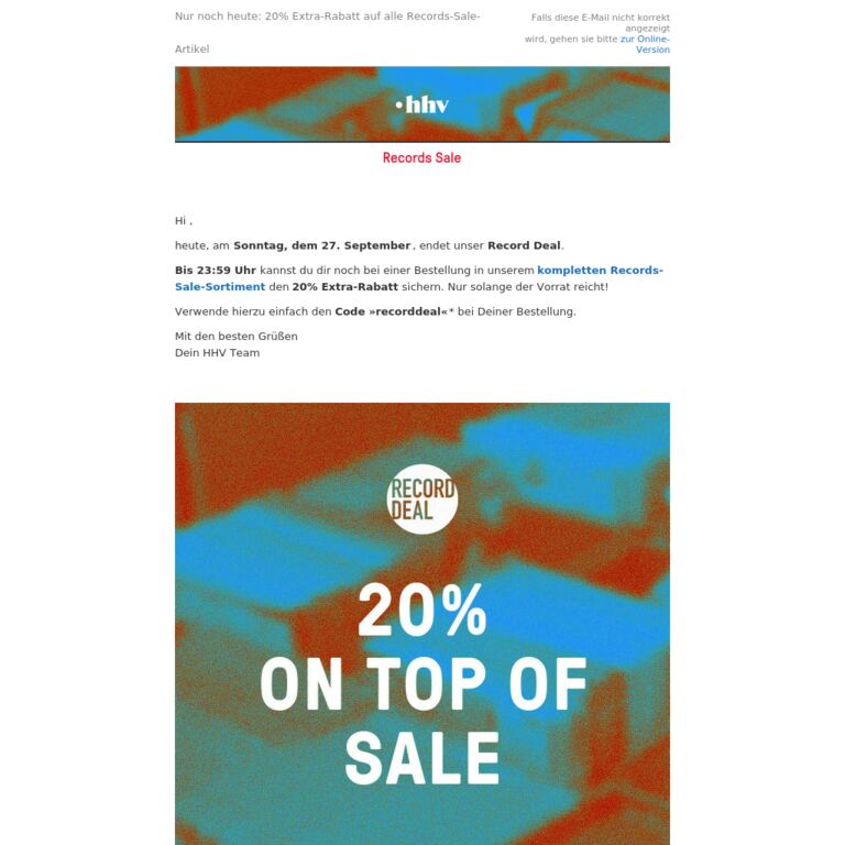 Nur noch bis 23:59 Uhr - 20% Extra-Rabatt auf alle Records-Sale-Artikel! - newsletter screenshot