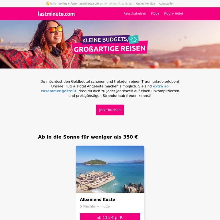 Mehr reisen, weniger ausgeben - newsletter screenshot