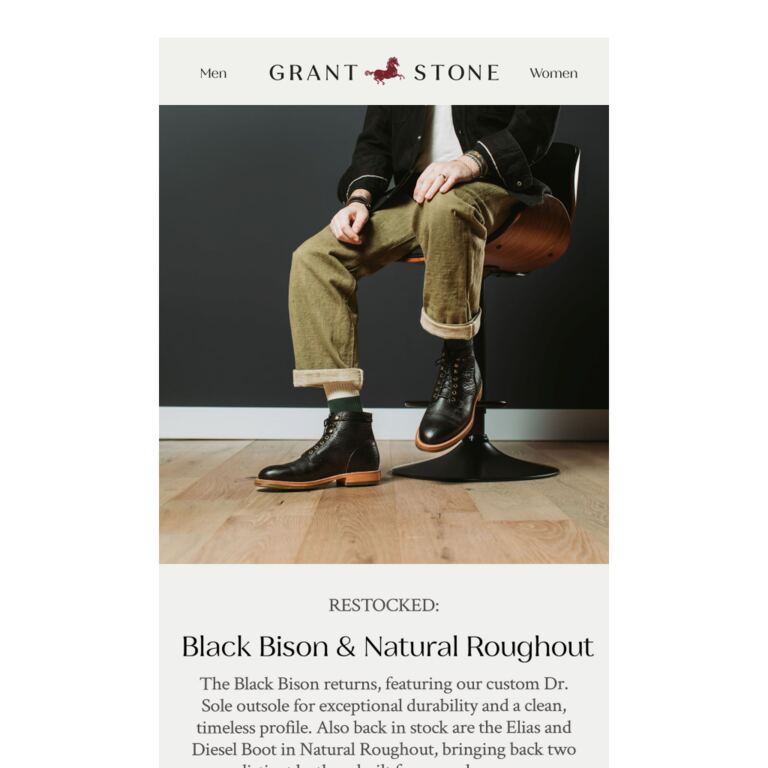 Back in Stock: Black Bison & Natural Roughout - newsletter screenshot