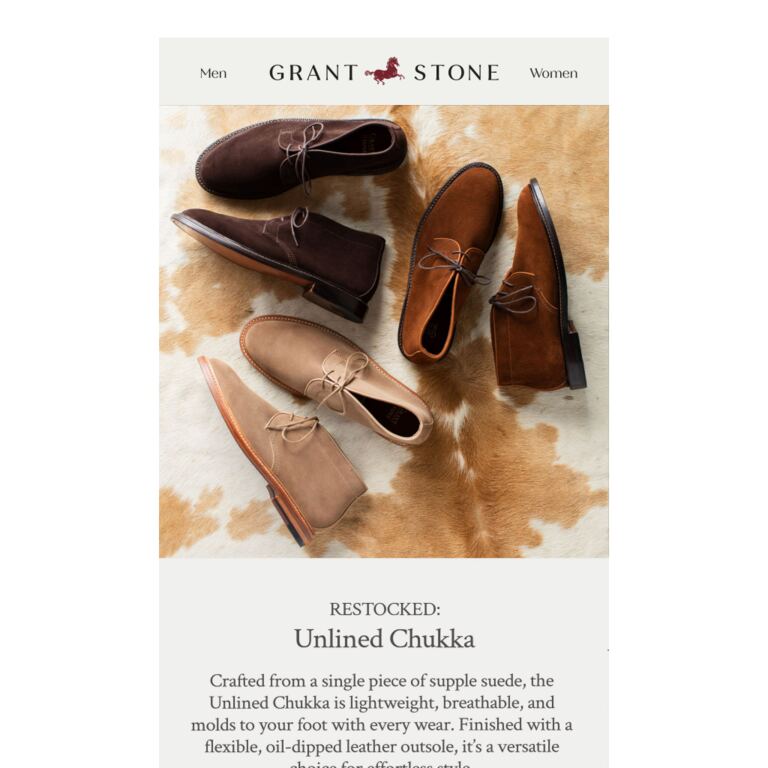 Unlined Chukka Restock - newsletter screenshot