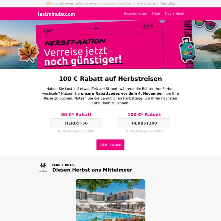 Bis 100 € Rabatt auf Ihren nächsten Urlaub am Mittelmeer! - newsletter screenshot