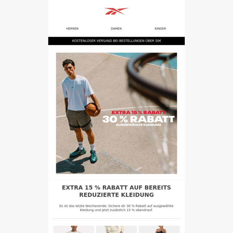 Extra 15 % Rabatt auf reduzierte Kleidung: letztes Wochenende - newsletter screenshot
