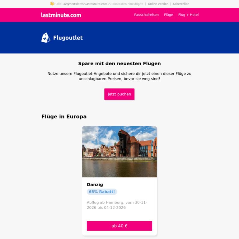 Jede Woche unsere besten Flugangebote - newsletter screenshot