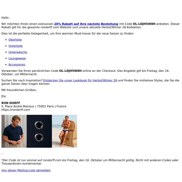 Entdecken Sie Ron Dorff mit 20% Rabatt - newsletter screenshot