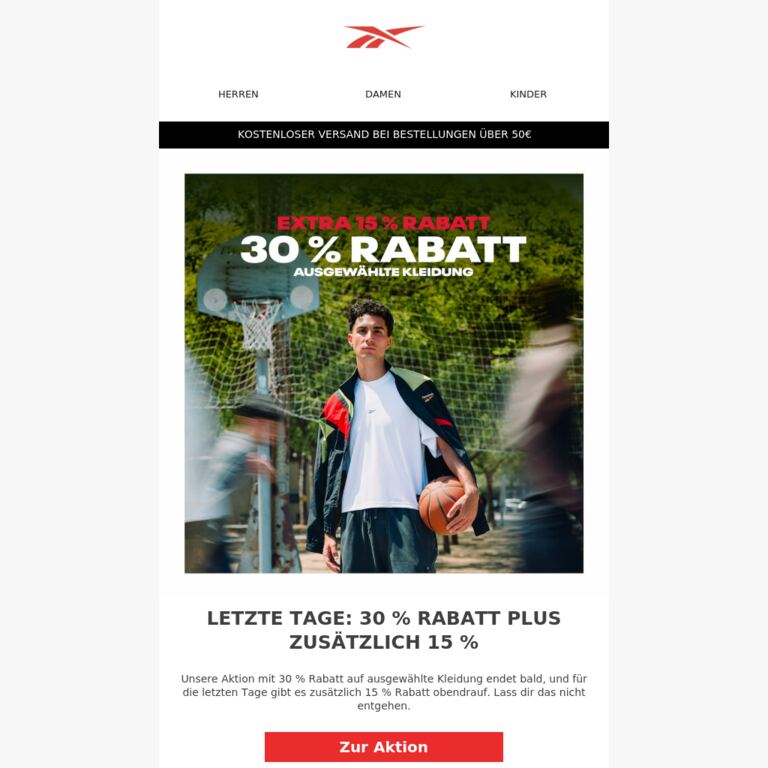 Nur noch wenige Tage: 30 % Rabatt + extra 15 % auf Kleidung - newsletter screenshot