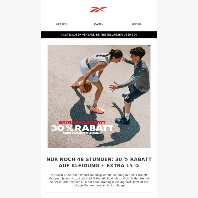 Nur noch 48 Stunden: 30 % Rabatt auf Kleidung + extra 15 % - newsletter screenshot