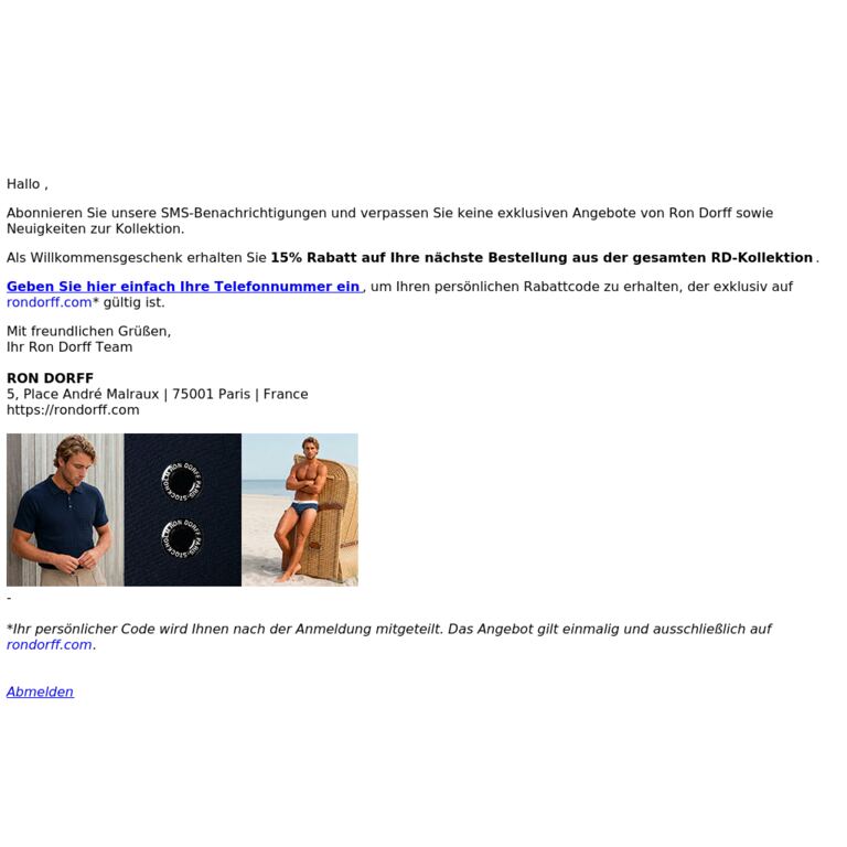 15% Rabatt auf die RD-Kollektion beim Abonnieren des SMS - newsletter screenshot