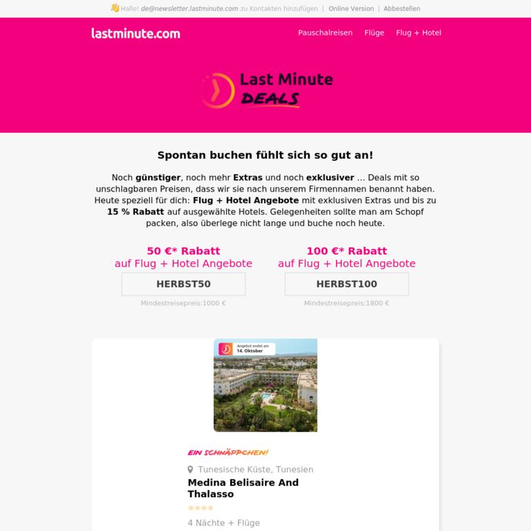 Bis zu 100 € Rabatt auf Last Minute Deals - newsletter screenshot