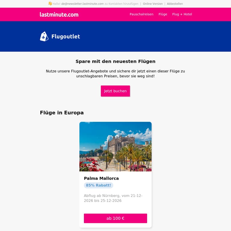 Jede Woche unsere besten Flugangebote - newsletter screenshot