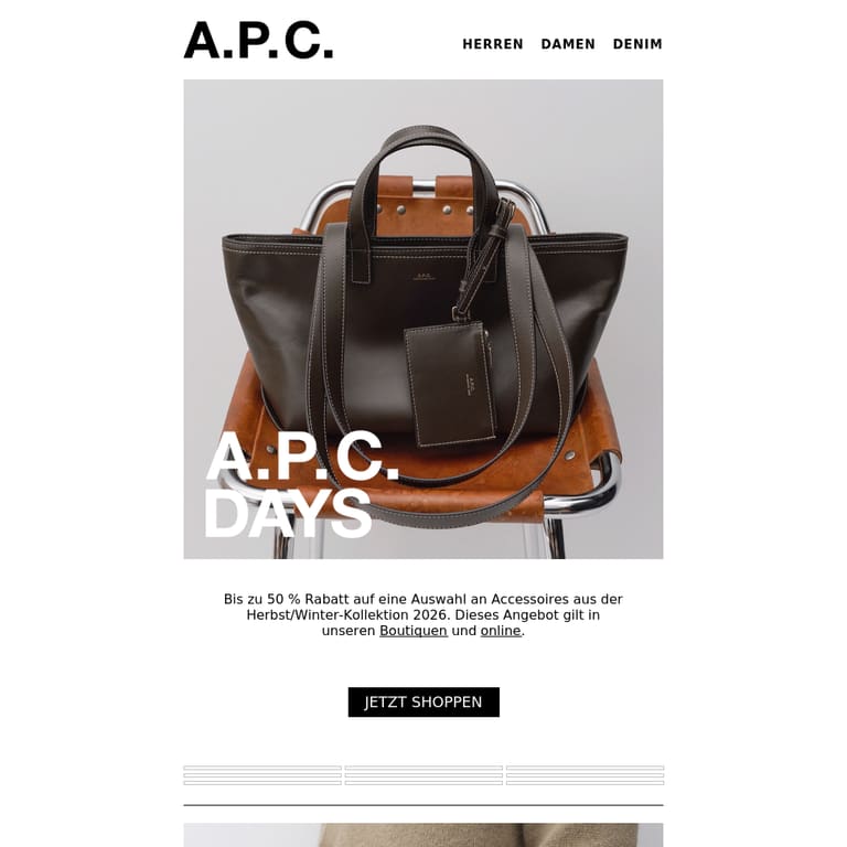 A.P.C. Days | Bis zu 50 % Rabatt auf Accessoires - newsletter screenshot