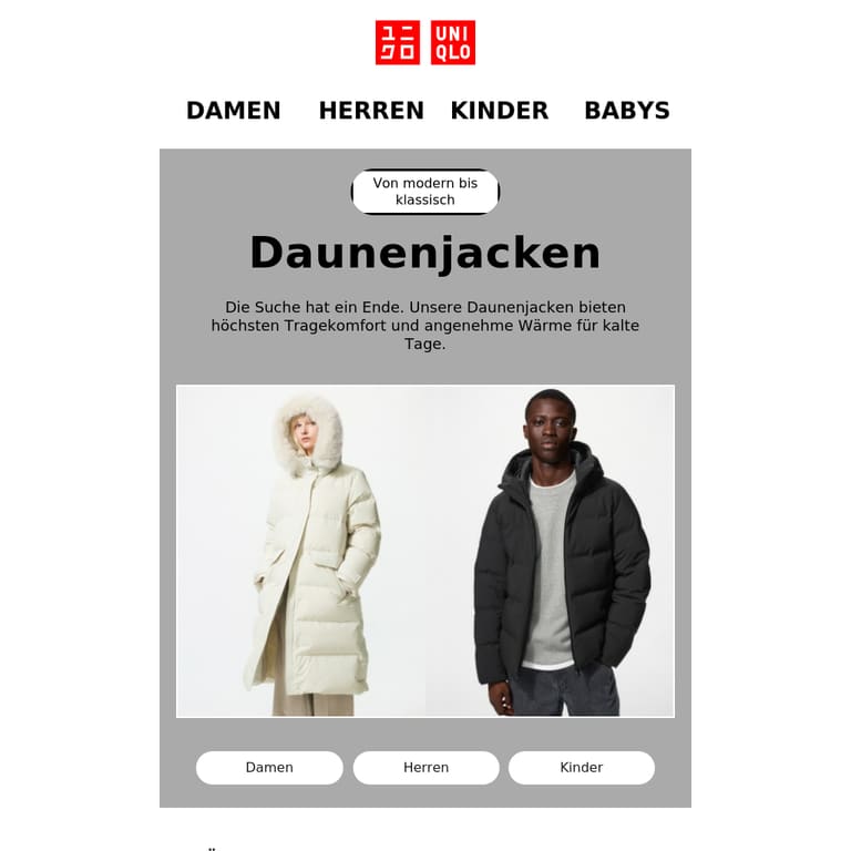 Daunenjacken in zeitlosen Farben - newsletter screenshot