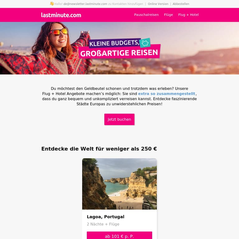Mehr reisen, weniger ausgeben - newsletter screenshot