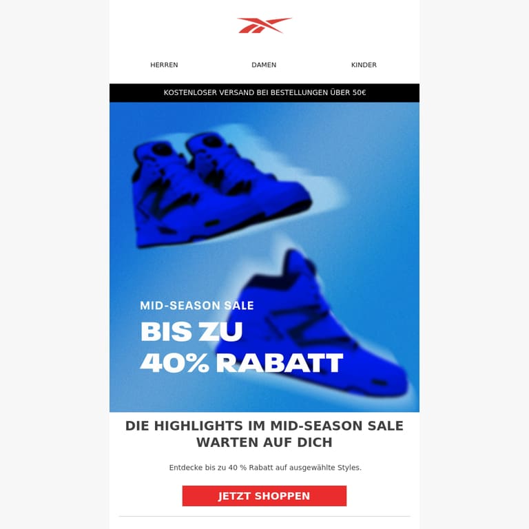 Mid-Season Sale: Komm diesen Sonntag dem Ansturm zuvor, mit 40 % Rabatt - newsletter screenshot